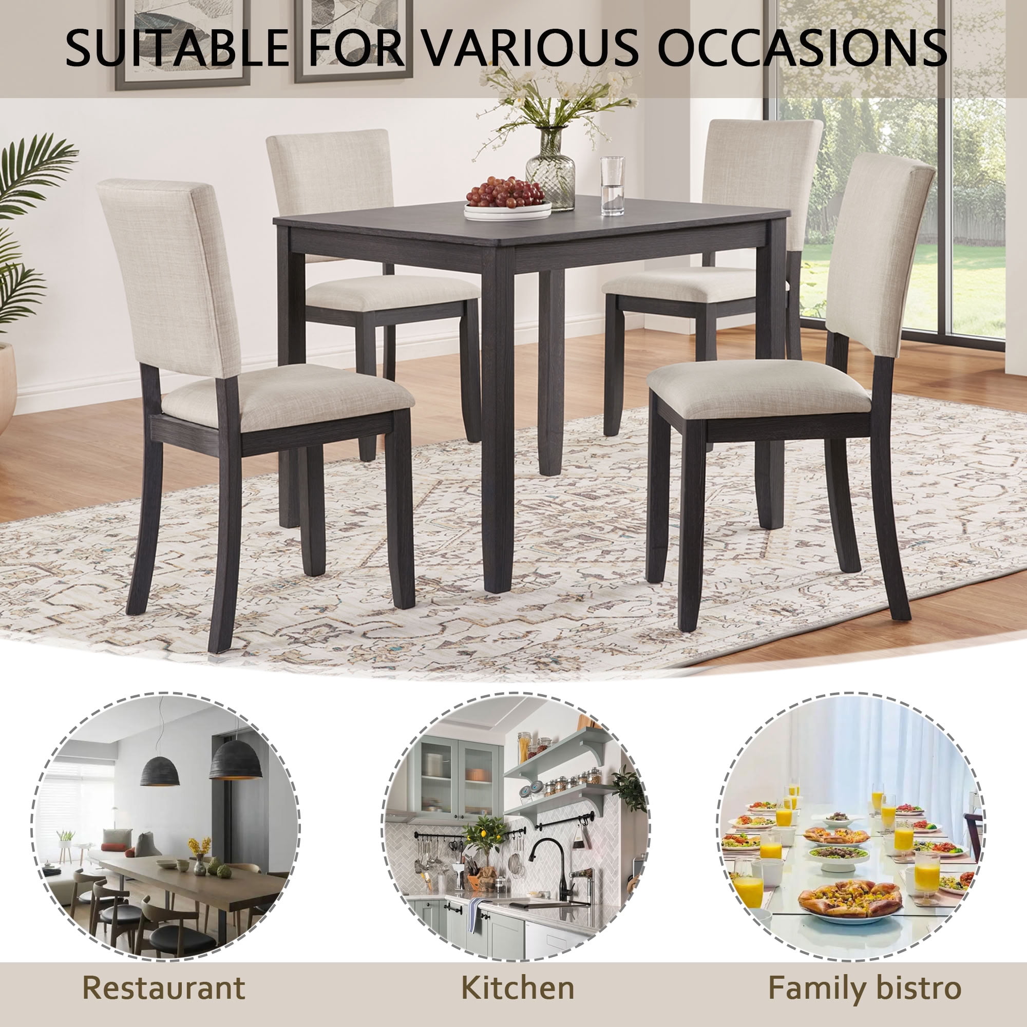 MAYEERTY 5-Piece Modern 4-Person Dining Table Set with 4 Chairs, Wooden Dining Set for Kitchen Dining Room Living Room