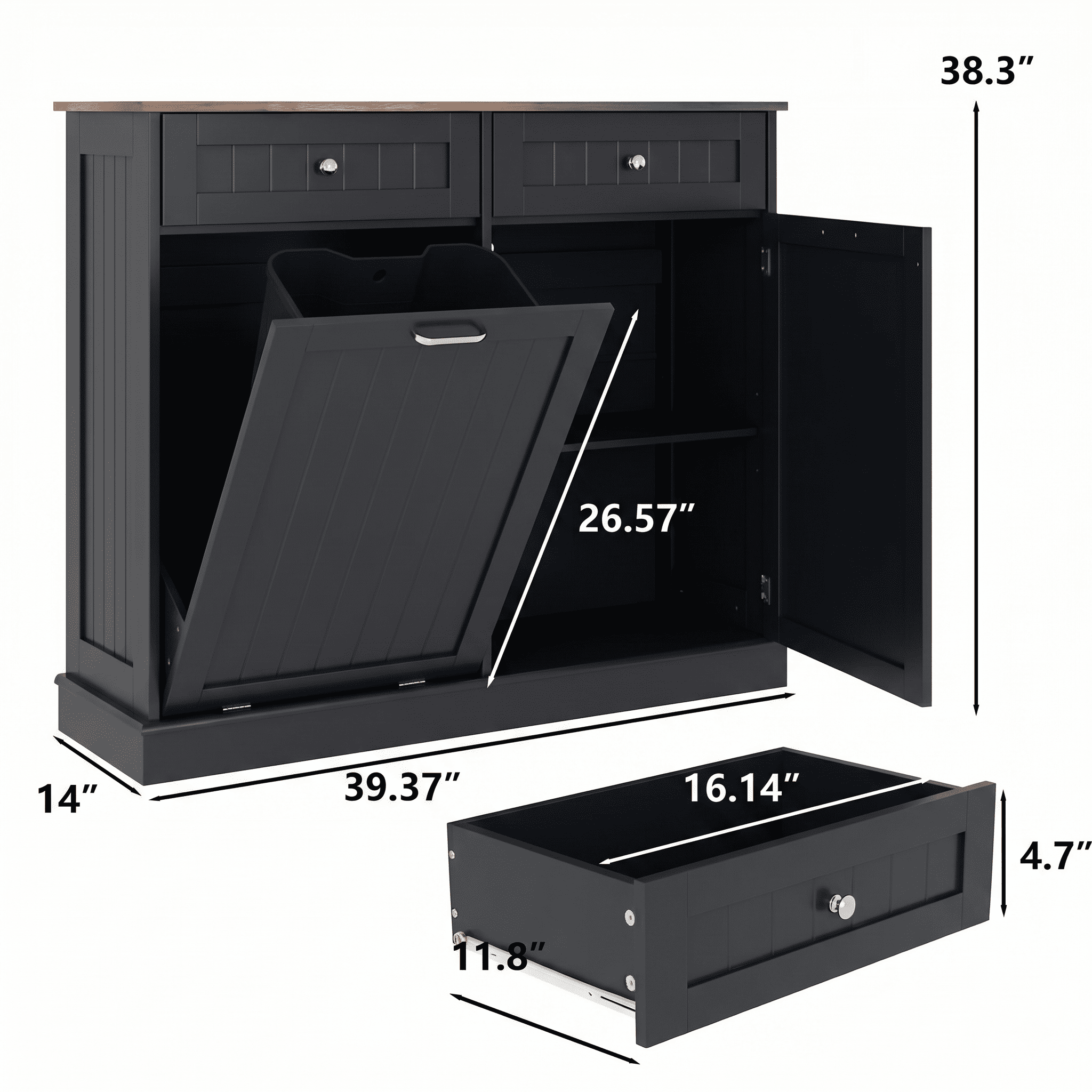 AHB 13 Gallon Single Tilt Out Trash Cabinet with Drawer and Handle, Kitchen Trash Can Storage Organizer, 39.4"L x 14"W x 38.3"H, Black