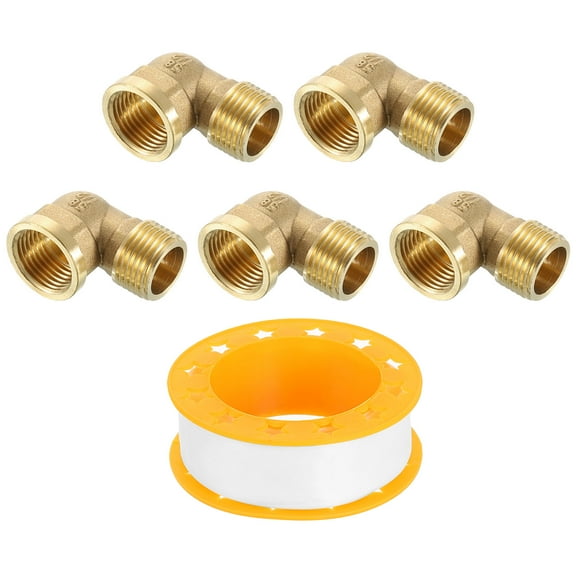 5 Pack 90 Degree Elbow, 1/2 Inch Male x 1/2 Inch Female Brass Right Angle Pipe Fitting, Connector for Fluid Gas Fuel Oil Pipe, 42x30mm