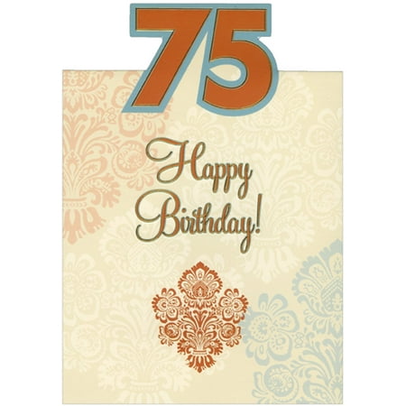 Embossed Tri Fold Leather Designer Greetings Embossed Foil Trimmed Letters on Cream Die Cut Top Fold Age 75 / 75th Birthday Card ()