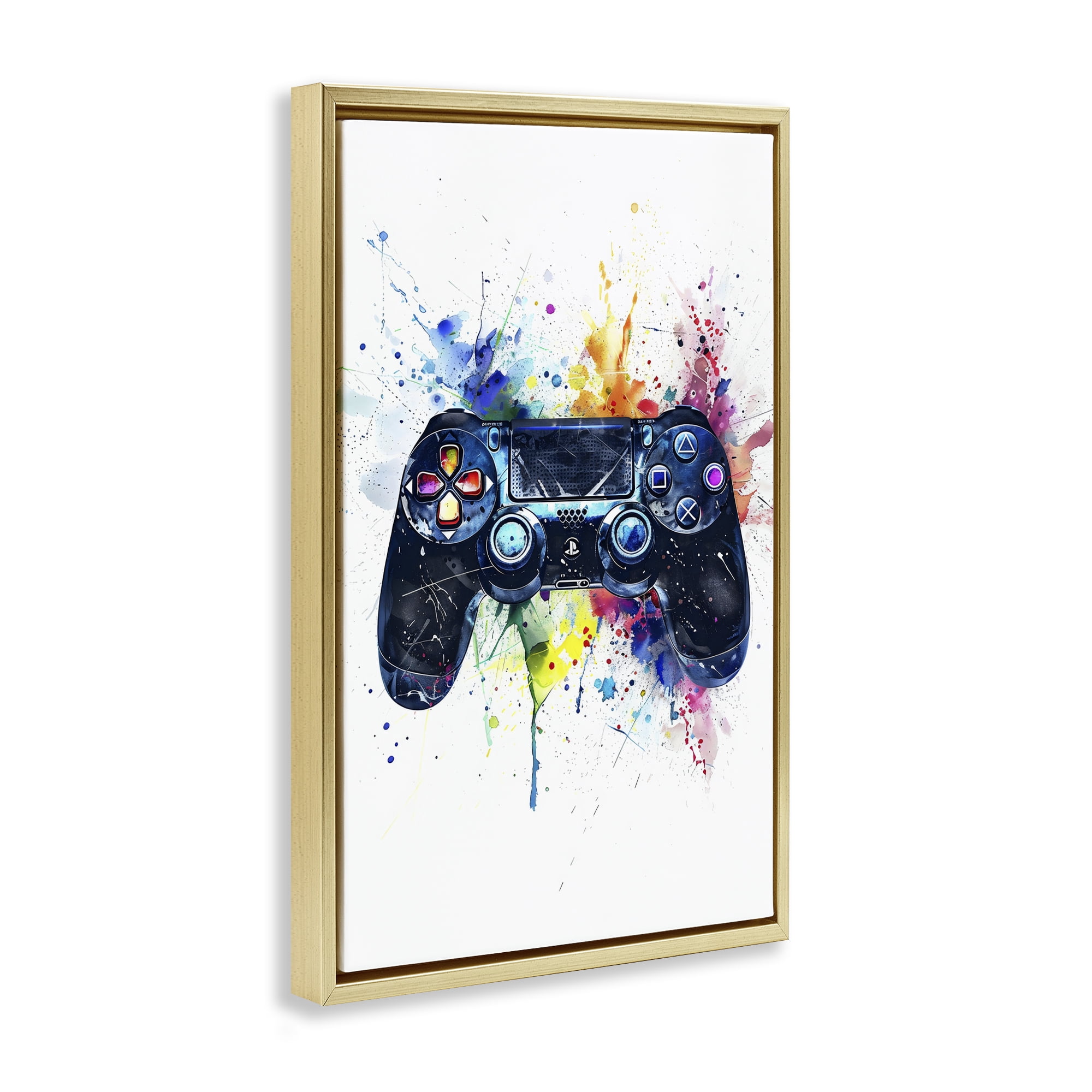 Stupell Industries Colorful Gaming Controller Splatter Gold Framed Floater Canvas Wall Art, design by Creative Studio