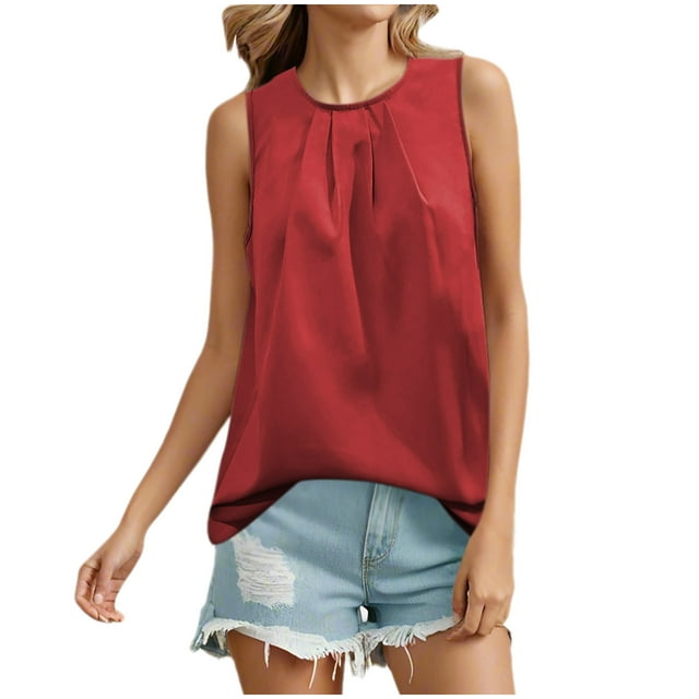 Timegard Camisole pour Femmes Été Col Rond Sans Manches Légère Froncée Décontractée T-Shirt Uni