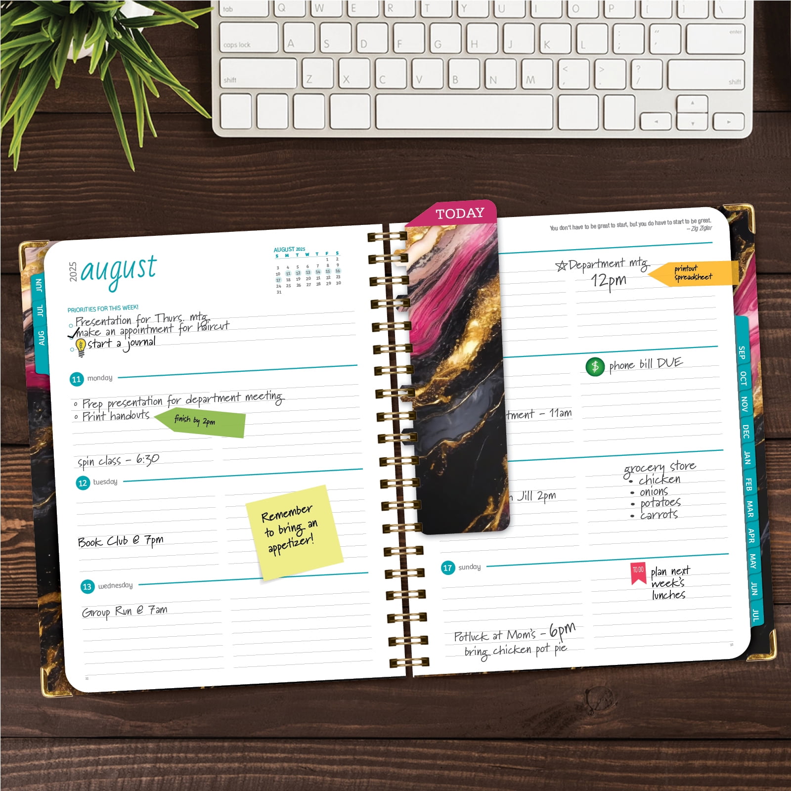 Academic Year 2025-2026 Planner, June 2025 - July 2026, 8.5"x11" Daily Weekly Monthly Planner Yearly Agenda, Hardcover, Bookmark, Pocket Folder and Sticky Note Set (Dark Gold Marble)