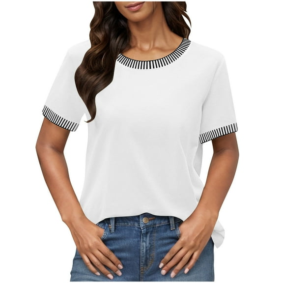 Women's Summer Short Sleeve T-shirts Stripes Colorblock Plain Tshirts Crew Neck Casual Tunic Tops Loose Fit (XL, White)
