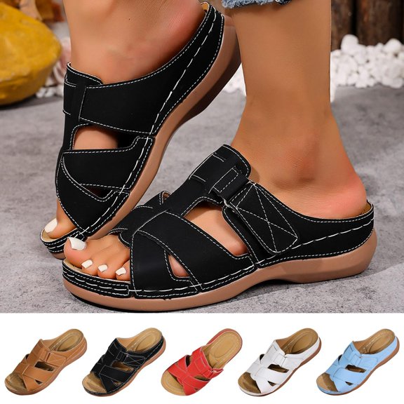 HAOTAGS Women’s Peep-Toe Wedge Sandals Spring/Summer Beach-Ready, Lightweight & Stylis Sandals with Comfortable Platform Wedge Slippers Black Size 6.5
