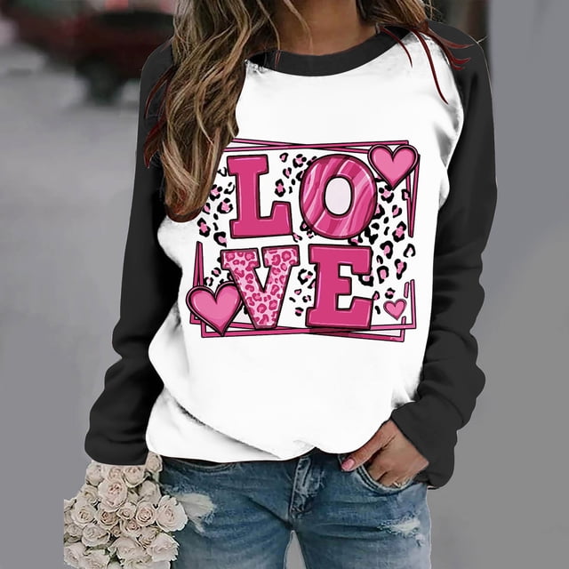 Aqestyerly Blouse à Manches Longues Imprimée pour la Saint-Valentin pour Femmes Col Rond Tunique Décontractée