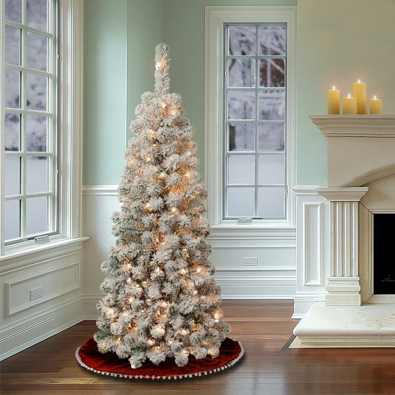 National Tree Company 4.5 ft. Pre-Lit Artificial Acacia Pencil Slim Christmas Tree, Green, 100 Clear Lights, Flocked, Includes Stand
