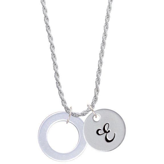 Delight Jewelry Acrylic 7/8" Ring Imitation Pearl Silvertone Script Initial Disc - E - Charm Necklace, 20"+3"