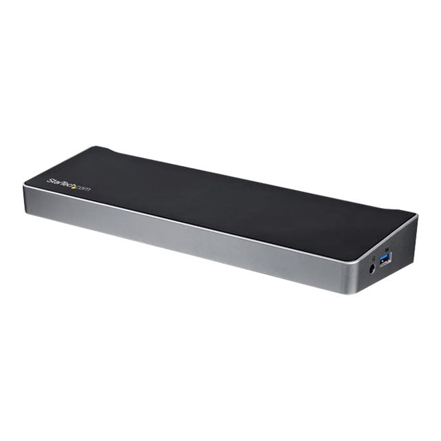 StarTech.com Triple Monitor USB 3.0 Laptop Docking Station with a black top and silver sides, designed for multiscreen productivity. Features ports for 4K HDMI, two DisplayPort outputs, five USB 3.0 connections, and a 1GbE Ethernet port. Compatible with Windows and Mac OS (10.14 and above). Often used for expanding workspaces in professional settings.