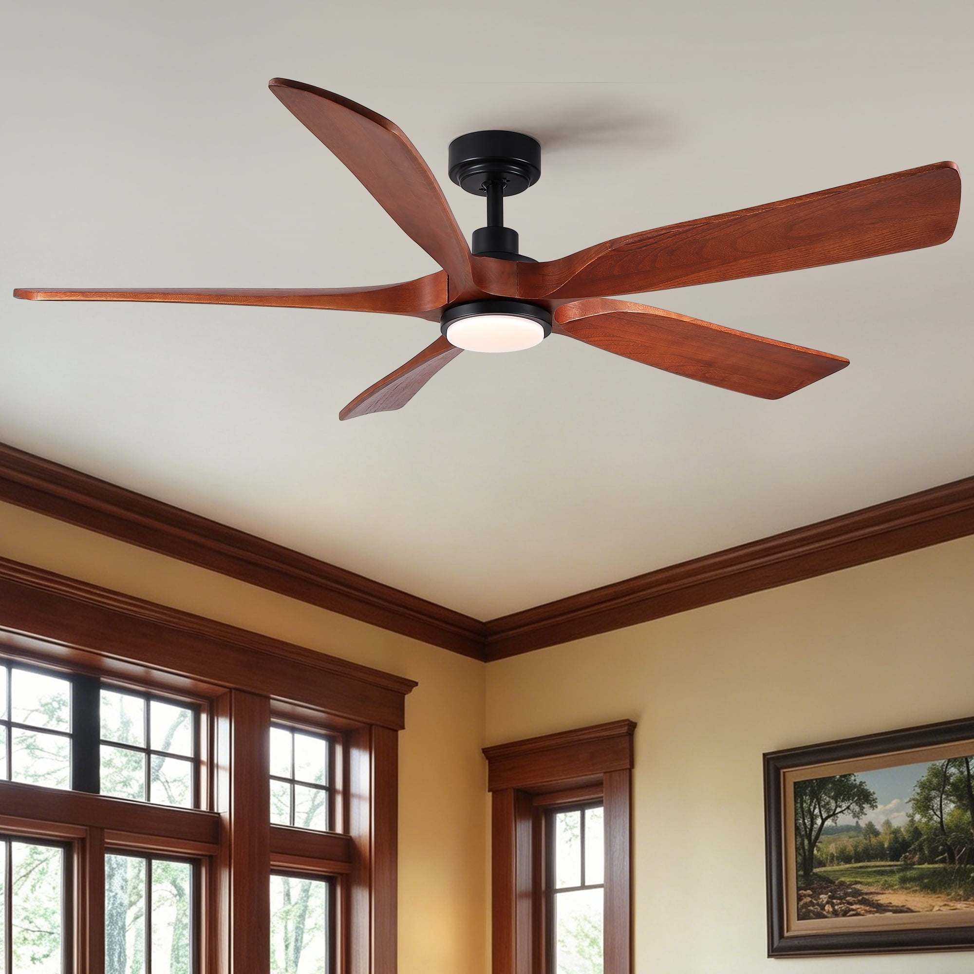 60" Vintage Mahogany Solid Wood Ceiling Fan with Light and Remote Control, Noiseless, Dimmable, 3CCT, 6 Speeds Reversible, Quiet DC Ceiling Fans for Indoor or Covered Outdoor Use