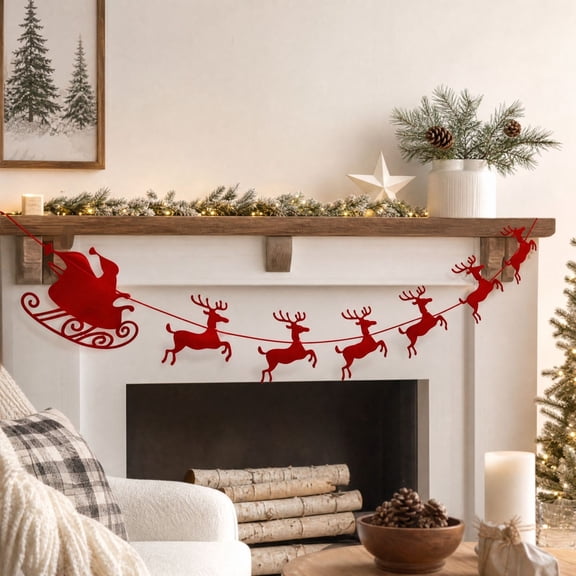 Red Christmas Felt Hanging Banner,Traditional Sleigh Reindeer Garland,Polyester Festive String Decor For Wall Fireplace Door Party Home Holiday Decor