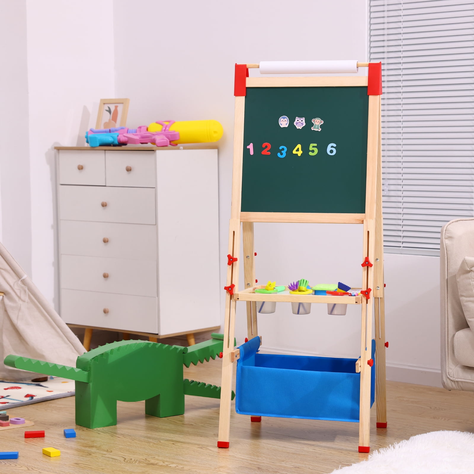 Urban Deco EASEL for Kids Wooden Magnetic Chalkboard &Whiteboard for Toddlers with Paper Roll, Best Christmas Birthday Holiday Gifts