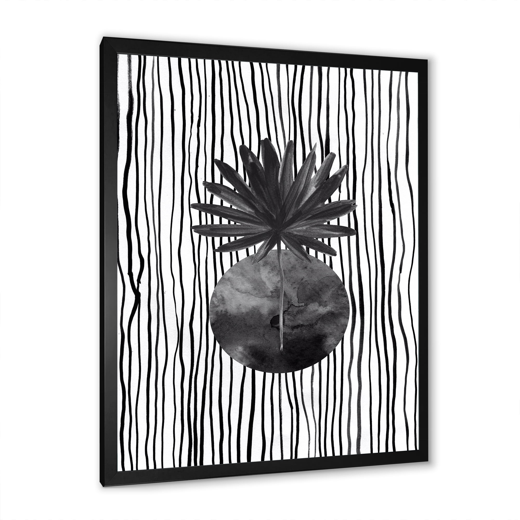 Designart 'Black and White Striped Under Tropical Leaf I' Modern Framed Art Print