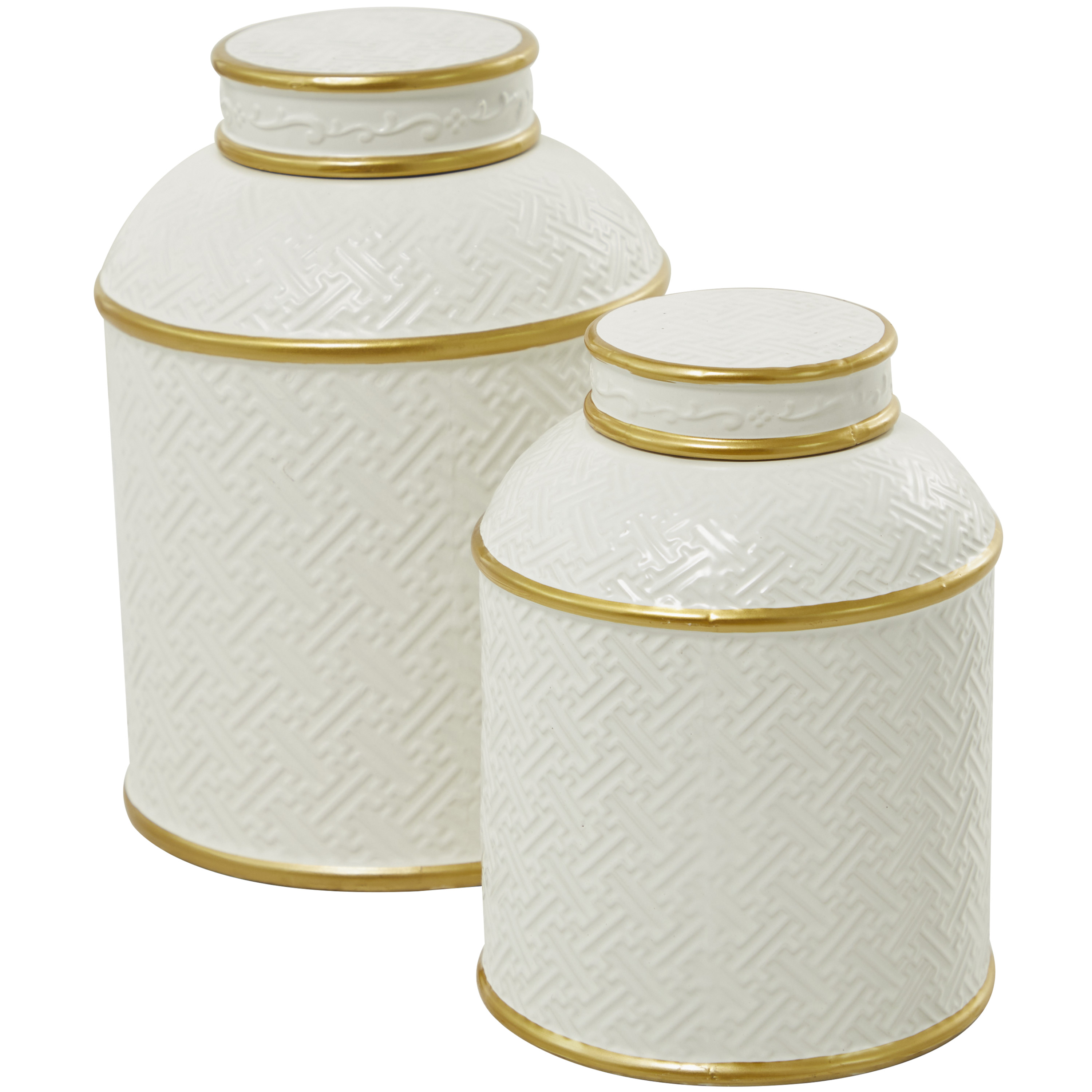 DecMode 10"W, 8"H White Ceramic Decorative Jars with Gold Accents, 2-Pieces
