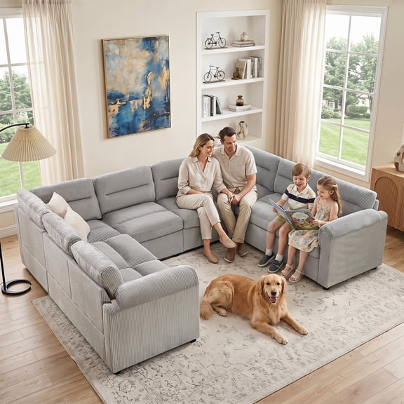 Bonzy Home 114 inch Sectional Sleeper Sofa with Pull Out Bed Convertible Corduroy Modular Sofa Upholstered Sofa Bed for Living Room Gray