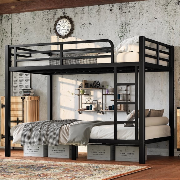 Twin over Twin Size Bunk Bed Frame with Safety Guard Rails and Ladder, Heavy Duty Metal Bunk Bed for Bedroom, Apartment, Dorm, Space-Saving, Noise Reduced, Mattress Not Included, Black