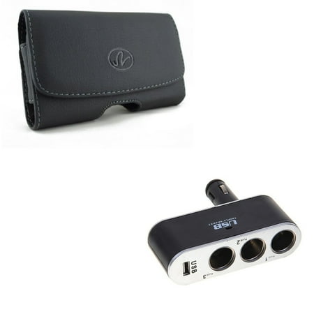 Leather 3 Way - Compatible With Google Pixel 3a XL - Black Leather Side Case w Car Lighter Socket Splitter Three Way Charger Adapter