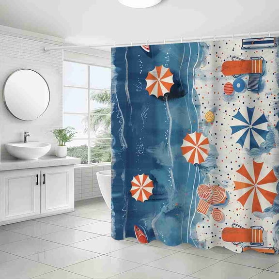 70x70 inch Blue Ocean Beach Umbrellas and Chairs Shower Curtain, Waterproof Polyester Fabric with Hooks for Bathroom Decor
