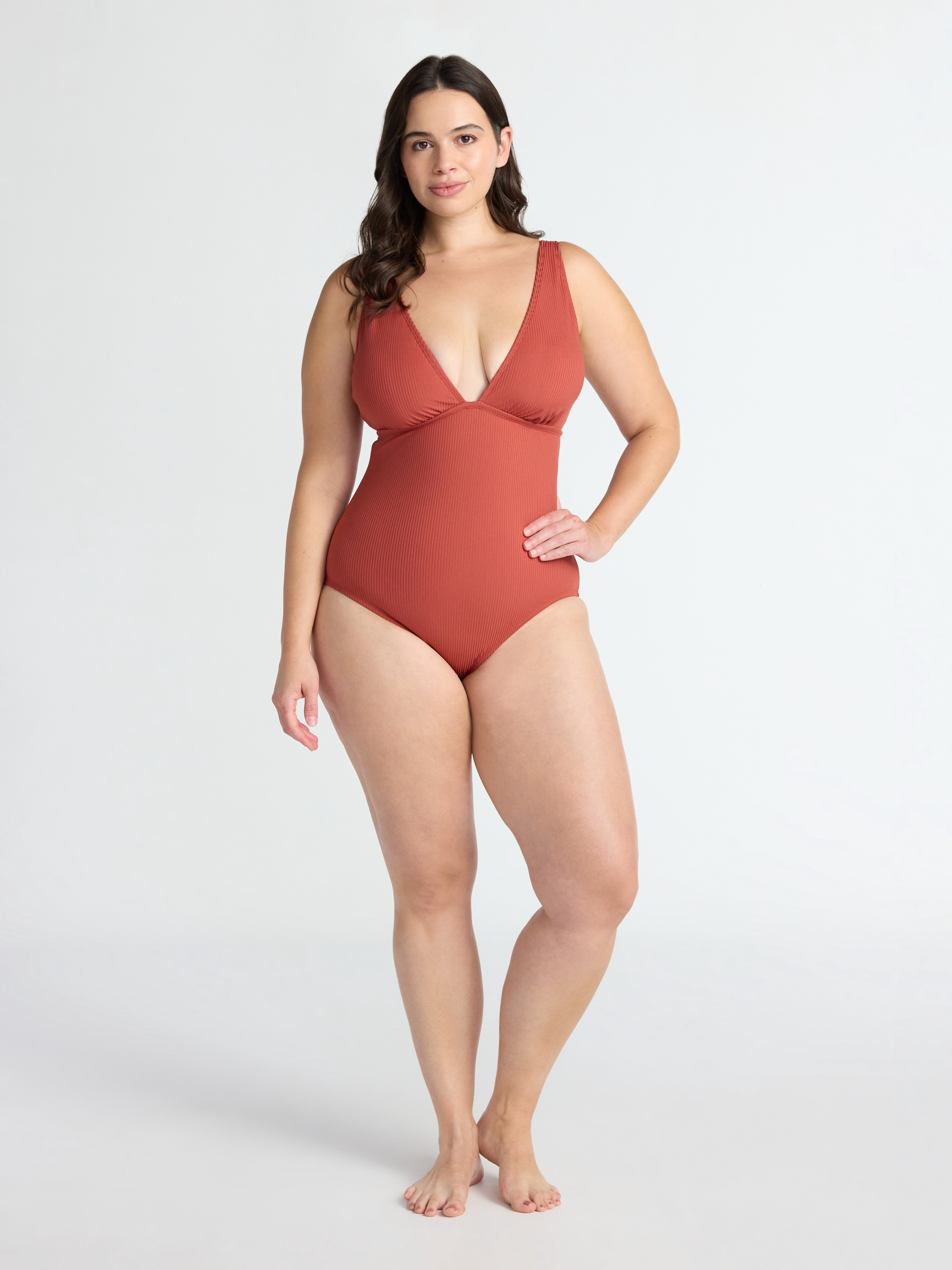 Time and Tru Women's Ribbed Plunge One Piece Swimsuit, Sizes XS-2X