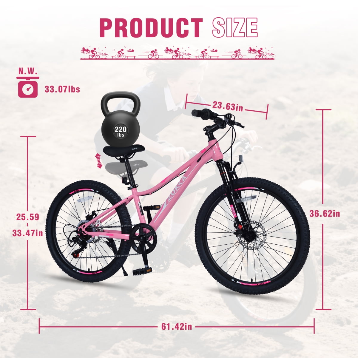 LuckyNote 24 Inch 6-Speed Mountain Bike, Steel Frame, Front & Rear Disc Brakes, Suspension Fork, Pink