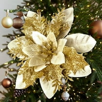Christmas Poinsettia Artificial Flowers Christmas Tree Wreaths Garland Decoration 15 Pcs 5.5" Glitter Flowers Picks Decor for Xmas New Year Wedding Party Ornaments Gold A