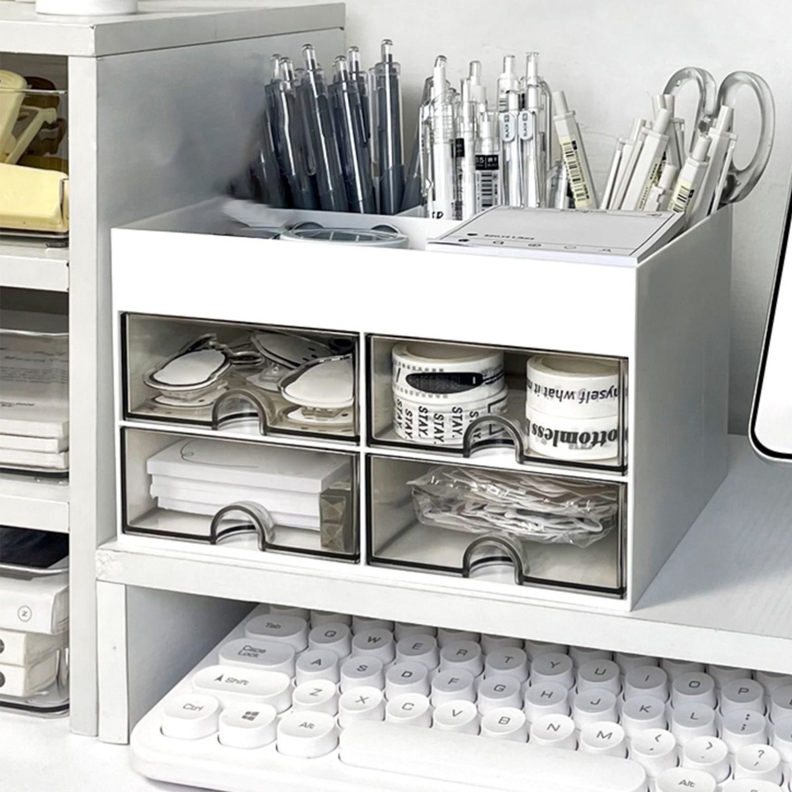 pstuiky Desk Organizer with 4 Drawers & 4 Compartments, White Plastic Desktop Storage for Pens, Office & Home Supplies, 8.26X5.51X4.84In