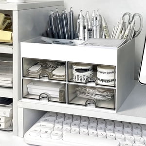 pstuiky Desk Organizer with 4 Drawers & 4 Compartments, White Plastic Desktop Storage for Pens, Office & Home Supplies, 8.26X5.51X4.84In