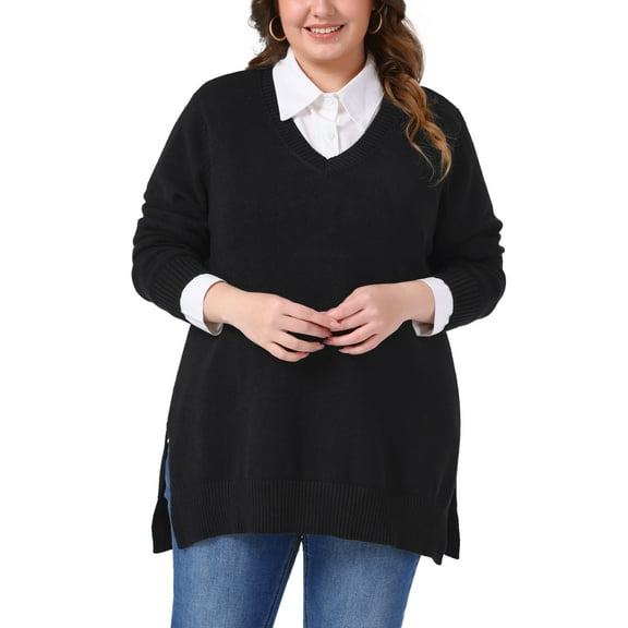 Agnes Orinda Plus Size Sweater for Women V Neck Long Sleeve Pullover Slit Hem Knit Fall Winter Blouse 1X Black