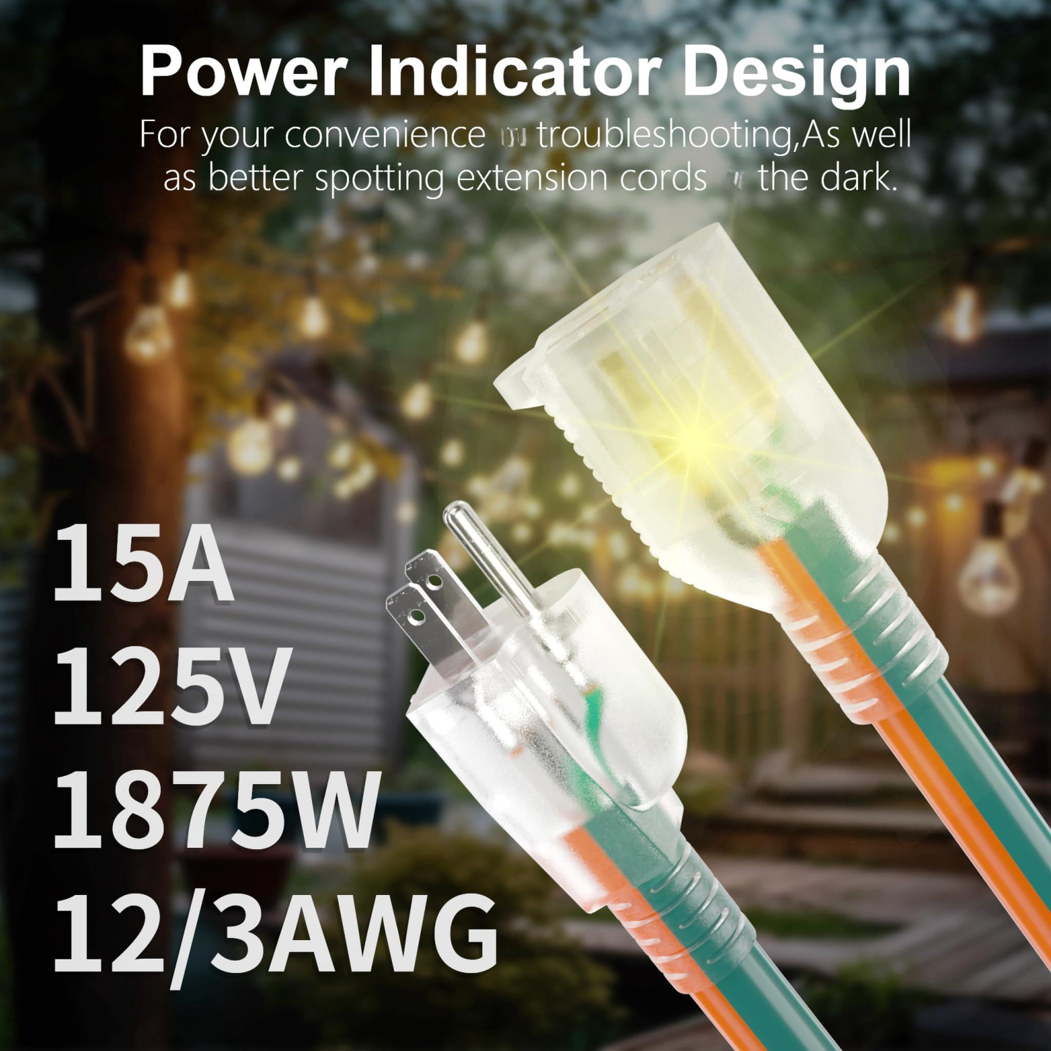 12 Gauge 25 Ft Outdoor Extension Cord With Lighted End  Heavy Duty Flexible Cold-resistant 3 Prong Electric Waterproof Outside 15amp 1875w 12awg Sjtw Orange Green Etl