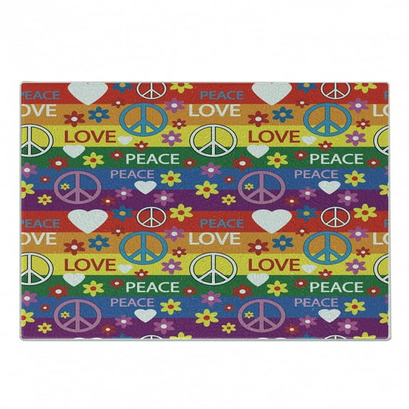 Groovy Cutting Board, Heart Peace Flower Power Political Hippie Cheerful Colors Festival Joyful, Decorative Tempered Glass Cutting and Serving Board, Small Size, Multicolor, by Ambesonne