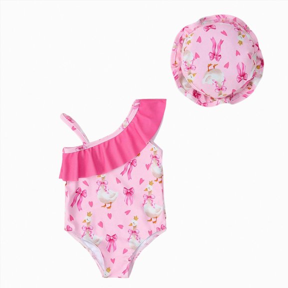 enyan Toddler Girl One Piece Swimsuit Color Block with Ruffled Sleeve Straps Swimwear Bathing Suit for Baby Girl,Pink,2-3 Years