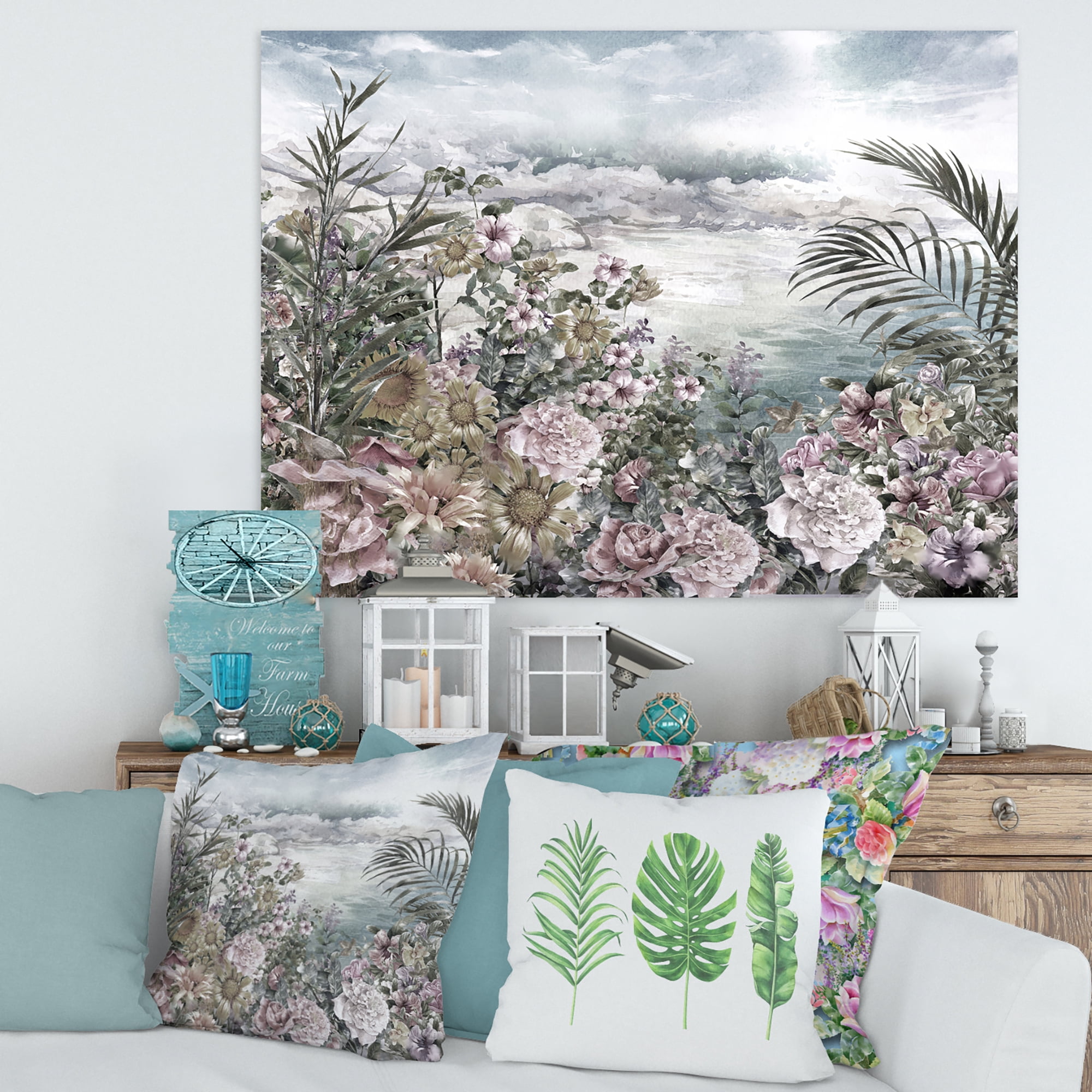 Abstract Retro Flowers By The Sea Side 32 in x 16 in Painting Canvas Art Print, by Designart