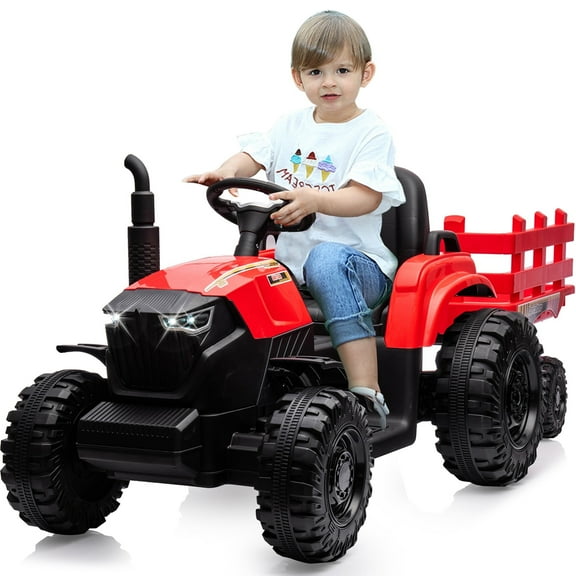Outfunny 24V Ride on Toy for Big Kids, Powered Ride On Tractor with Trailer & Remote - Red