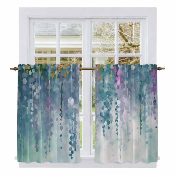Green Botanical Tier Curtains, Watercolor Spring Floral Oil Painting Elegant Light Filtering Kitchen Curtains, 2Pcs Rod Pocket Half Window Treatments Panels for Sink Cafe Cabinet Basement 27.5x45In
