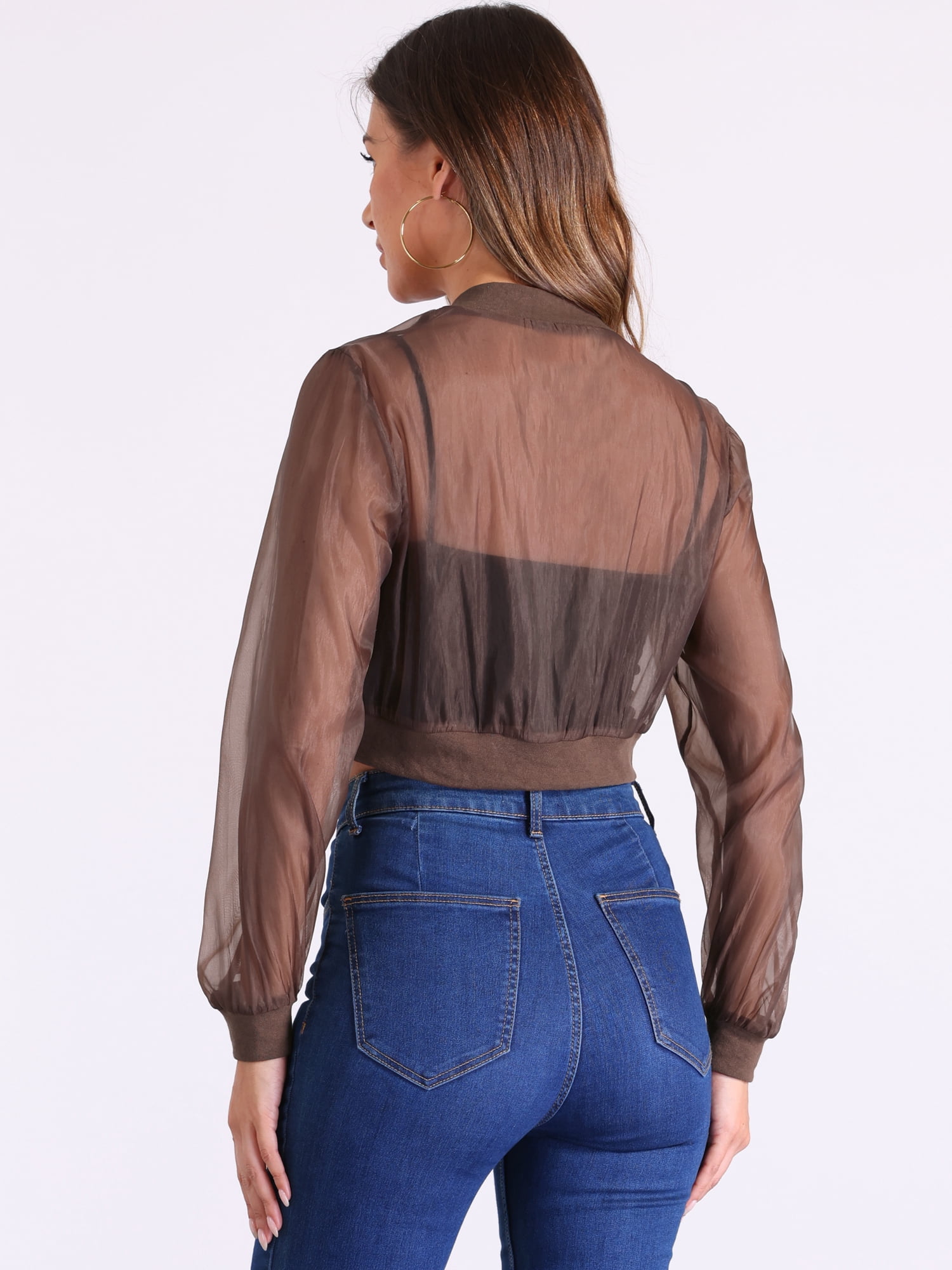 DARING DIVA Crop Bomber Casual Lightweight Zip Up Jackets L Brown
