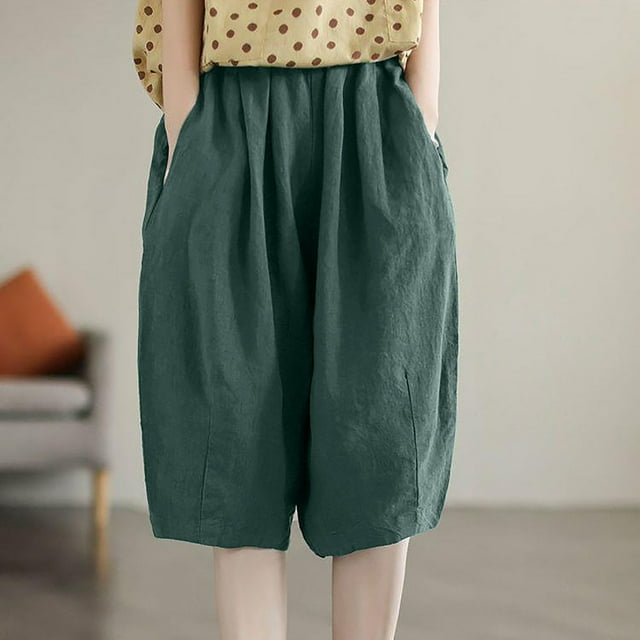 mfyjkho Pantalones Cortos De Entrenamiento, Pantalones De Lino Holgados De Cintura Elástica De Color Liso A La Moda Para Mujer, Pantalones De Cinco Cuartos Pantalones Cortos Para Mujer Xxl