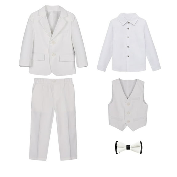 Zwiiyzr 1-14Y Toddler Boys Suit Kids Tuxedo Suits Formal Dresswear Shirt Jacket Pants Bow Tie Classic Formal Suit Set White