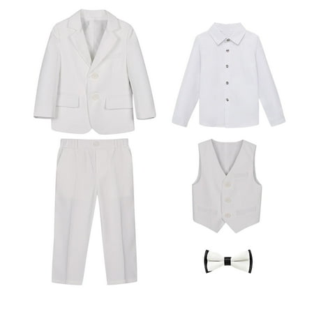 ZACPNCV Boys Suit for Kids 5 Pieces Formal Dresswear Set Teen Boys Tuxedo Suits for Wedding Graduation White 3-4 Years