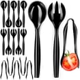 thumbnail image 1 of Utensilios de plástico desechables para servir: juego de 18 utensilios de plástico negro, 6 pinzas para servir de 6" cada una, 10 cucharas para servir, 10 tenedores para servir, utensilios para servir, 1 of 5