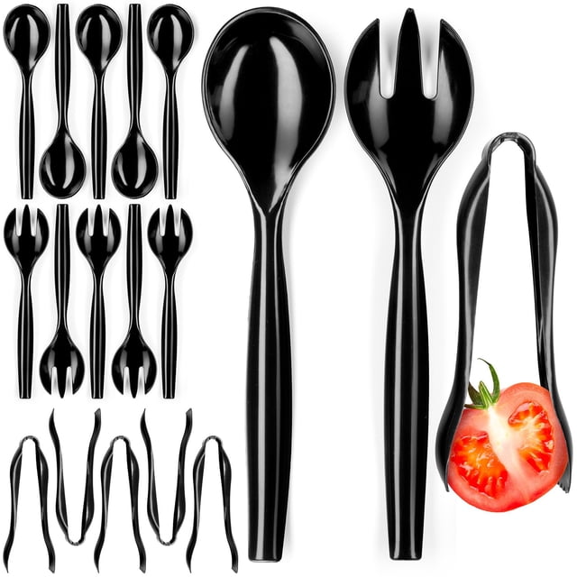 Utensilios de plástico desechables para servir: juego de 18 utensilios de plástico negro, 6 pinzas para servir de 6" cada una, 10 cucharas para servir, 10 tenedores para servir, utensilios para servir
