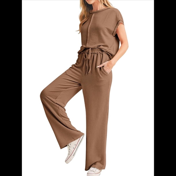 Conjunto Informal de Dos Piezas de Punto Acanalado para Mujer, Camiseta de Corta y Pantalón , Ideal para el Hogar y para Viajes Marrón S