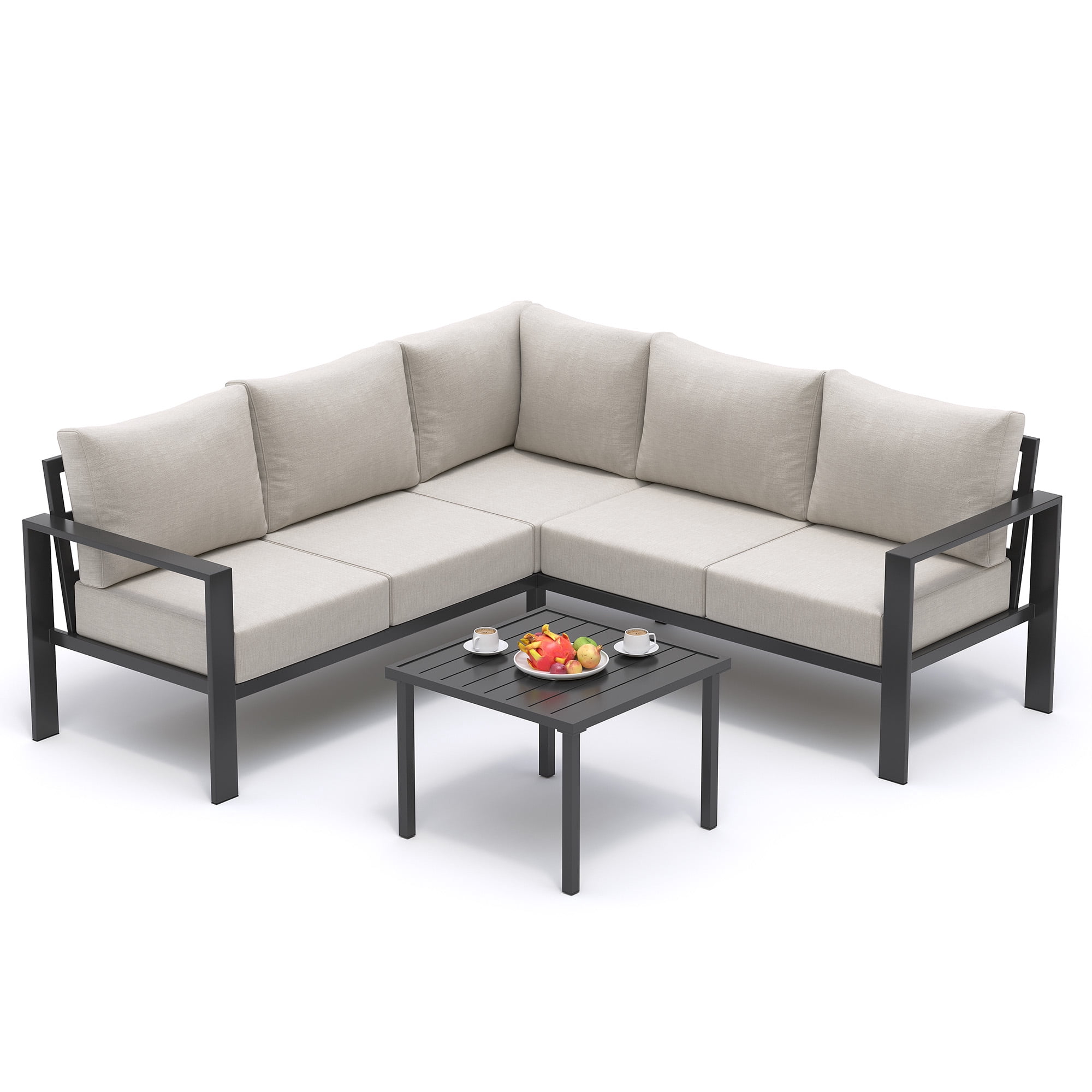 ELPOSUN 6 Pieces Patio Furniture Sets with 6" Thick Olefin Cushions, Metal Outdoor Sectional Furniture L Shape Patio Conversation Sets for Garden, Backyard, Black Frame, Beige