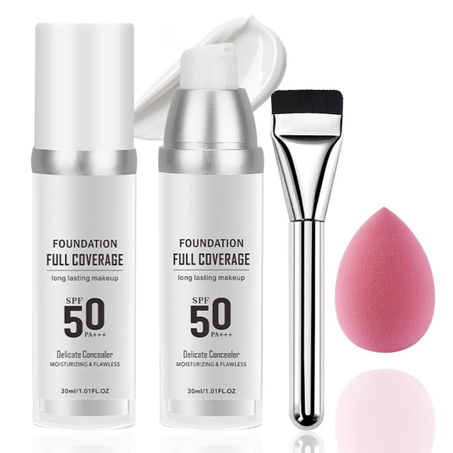 2PCS Base líquida que cambia de color Maquillaje Base de total impecable con pincel de maquillaje y esponja Hidratante de larga duración no graso SPF50 PA+++ Protector solar facial para mujeres (A)