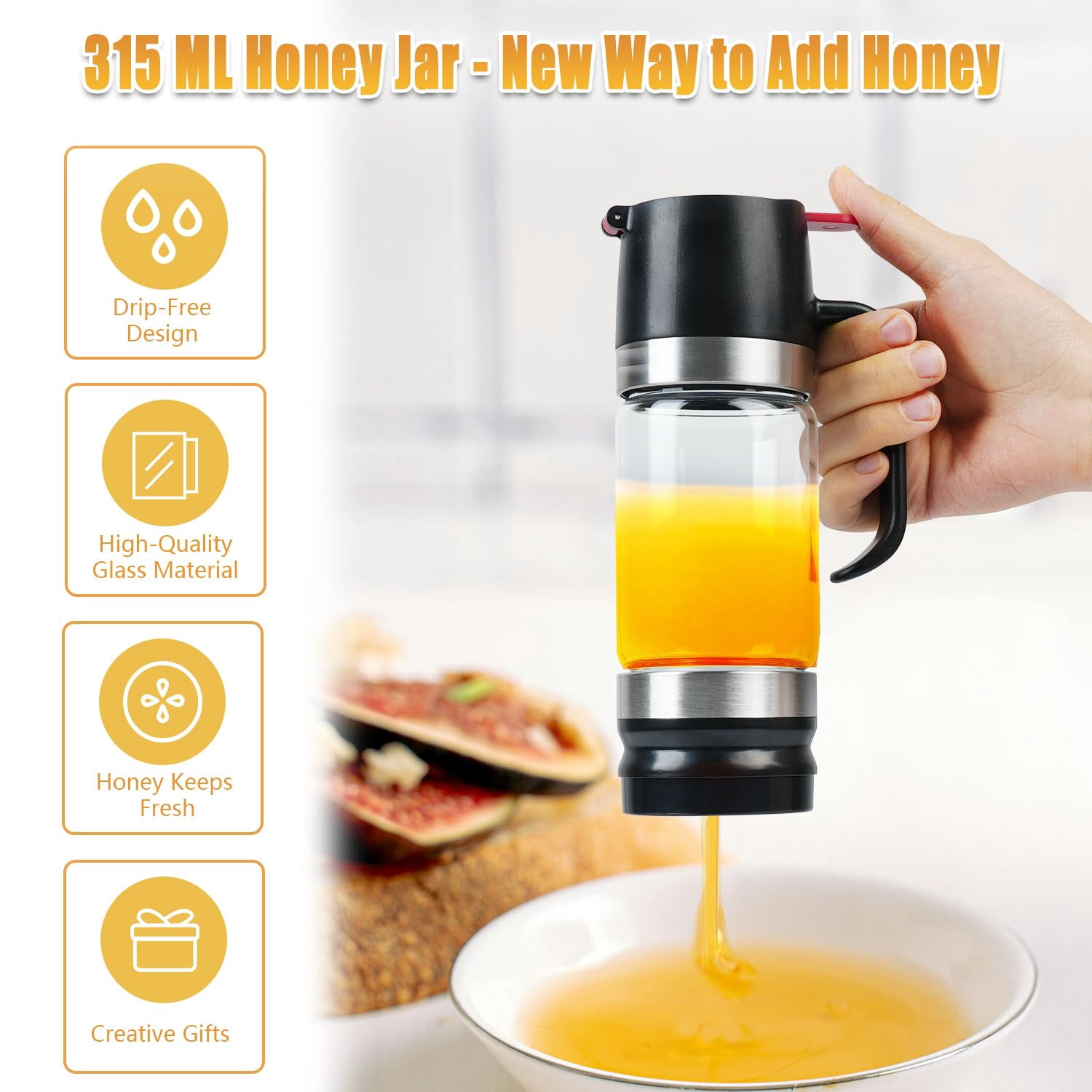 Honey Dispenser 12Oz No Drip with Base 2026 Upgrade, Glass Honey Jar pot with Handle, Syrup Dispenser for Coffee or Tea, Mess Free Honey Dispenser for Honey and Syrup, Honey Container