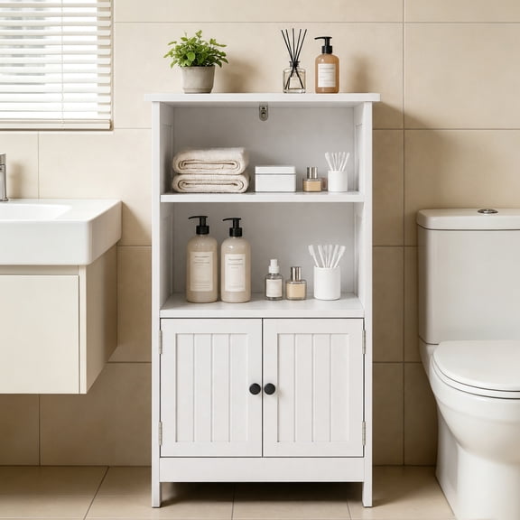Slim Freestanding Bathroom Storage Cabinet with Doors - Adjustable Shelves for Toilet Paper & Bathroom Basics - Space-Saving Floor Organizer