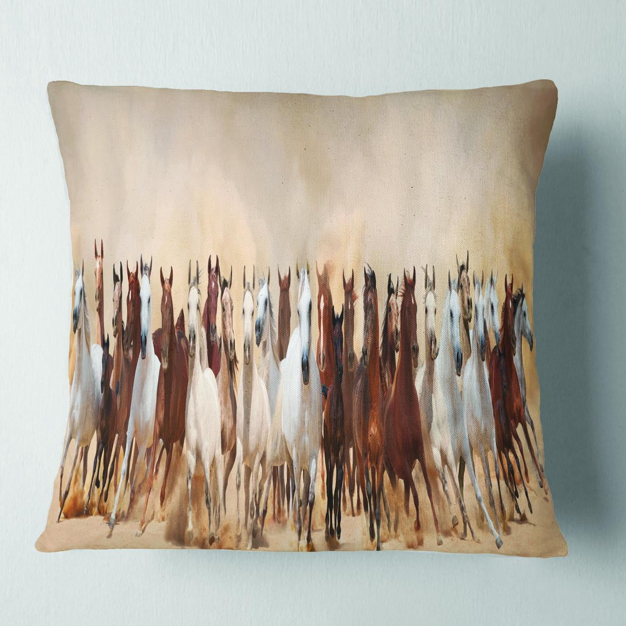 Designart Horses Herd in Sand Storm - Landscape Photography Throw Pillow - 16x16