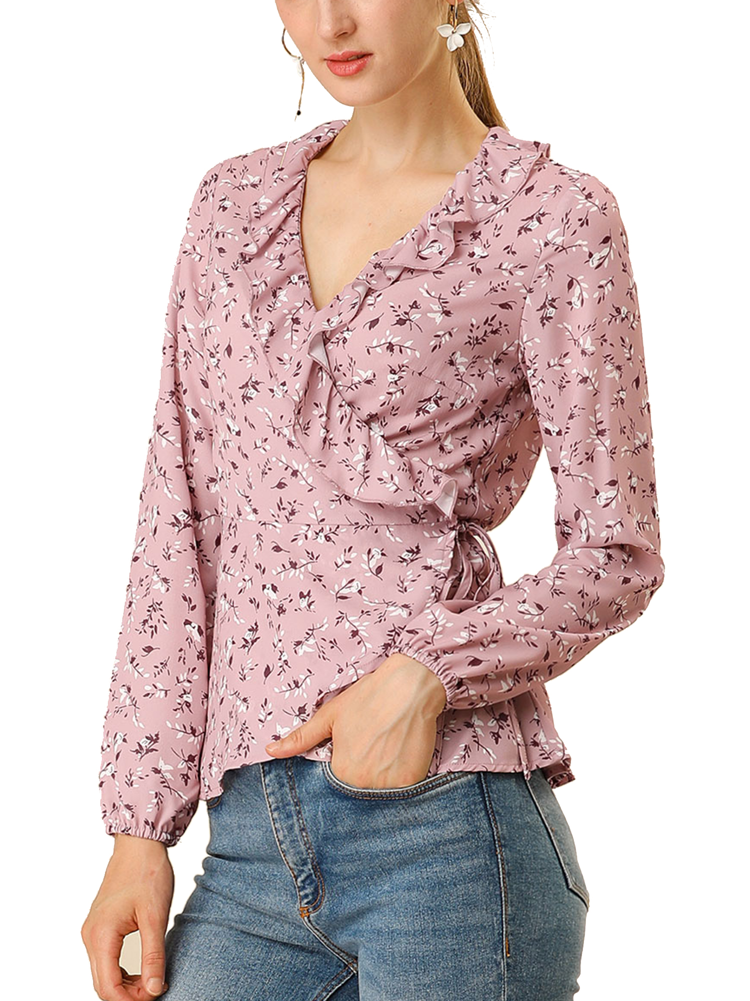 DARING DIVA Women's Wrap Top Ruffle Chiffon Peplum Blouse L Pink