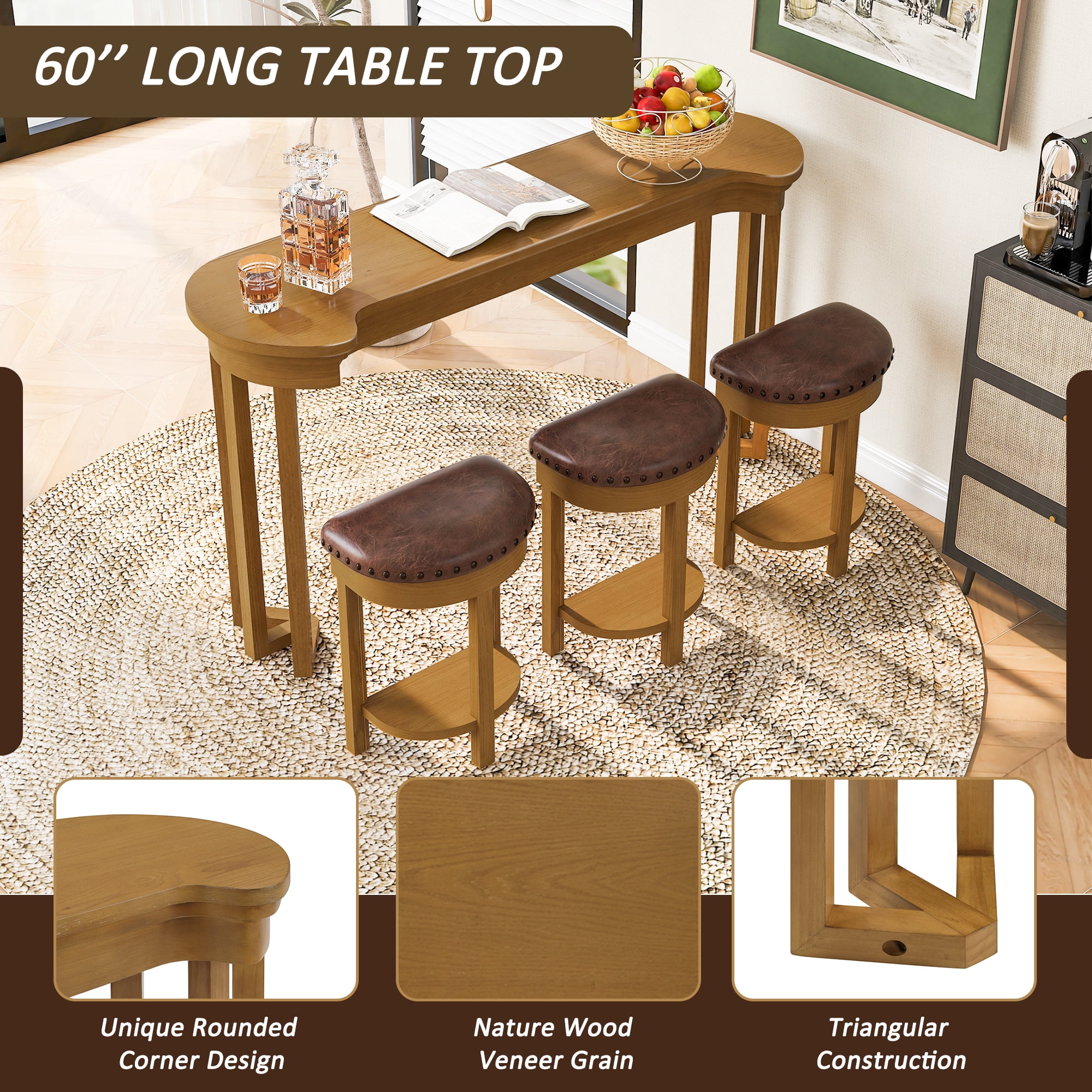 Aukfa 60"Solid Pine Wood Bar Set with 3 Stools, Space-Saving Kitchen Dining Table for 3, Compact Bistro Set for Small Apartments,Natural