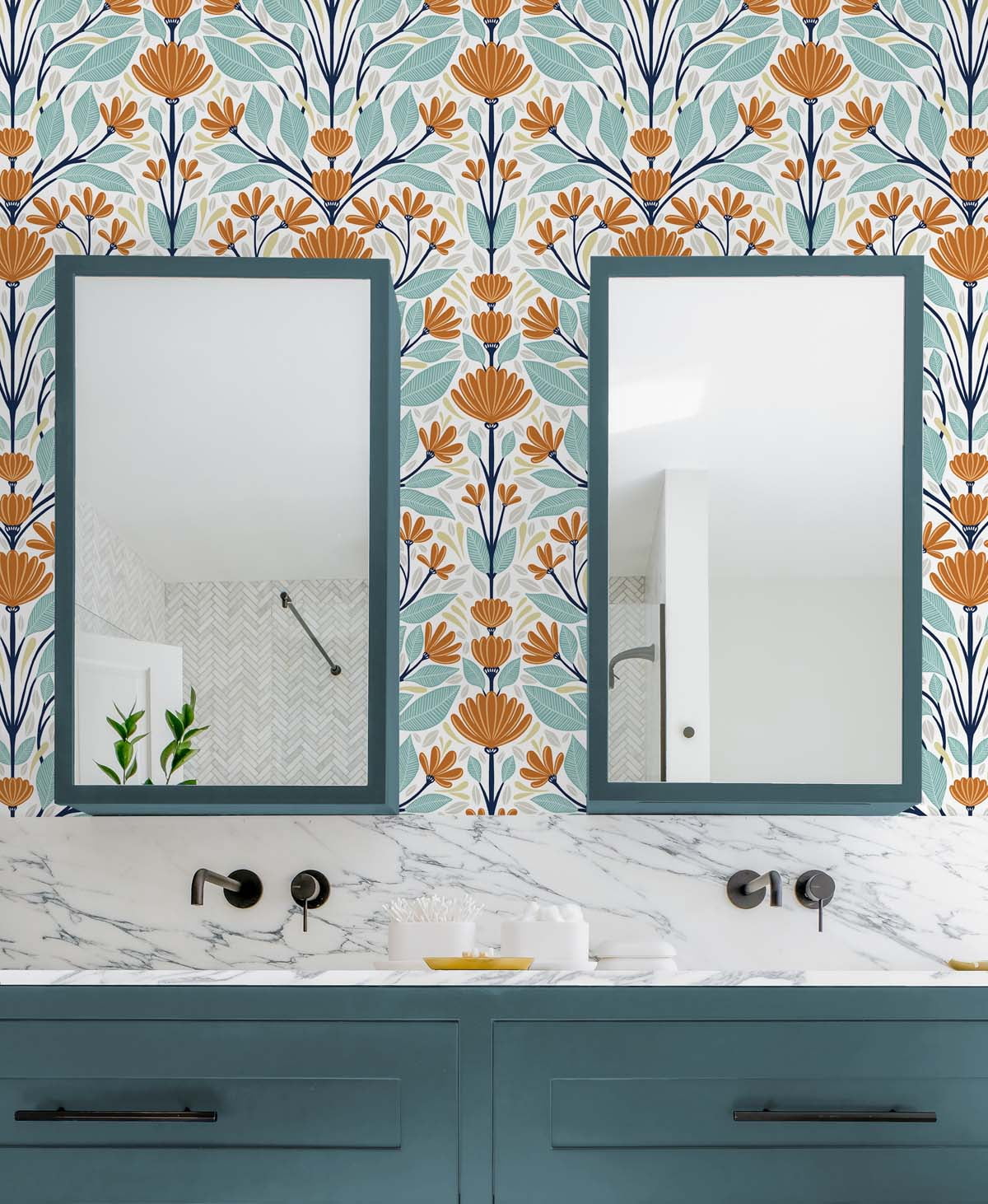 NextWall Verdigris & Orange Folk Floral Peel and Stick Wallpaper