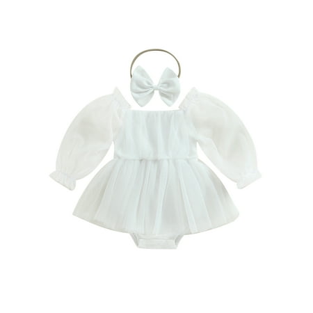 

Newborn Baby Girl Rompers Dress Long Sleeve Tulle Bodysuit + Headband